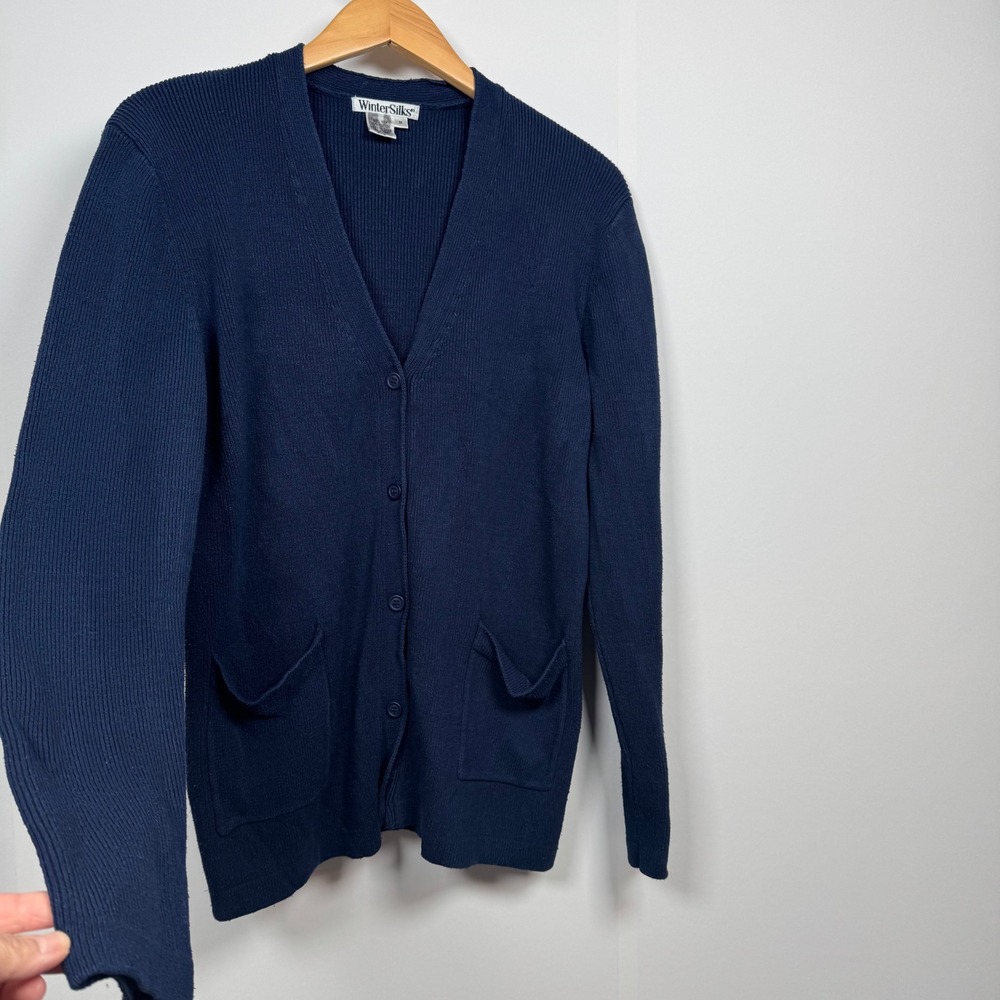 WinterSilks M Silk Cotton Navy Cardigan Sweater Capsule Parisian Preppy Minimal